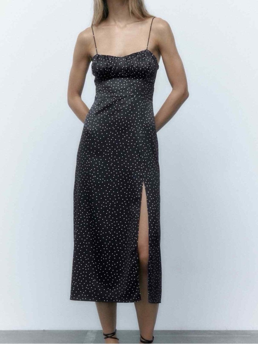 Zara Black Midi Slip Dress with White Polka Dots